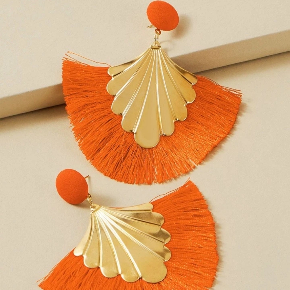 Fan Tassel Statement Earrings Orange Earrings Vacay Earrings Baecay Earrings